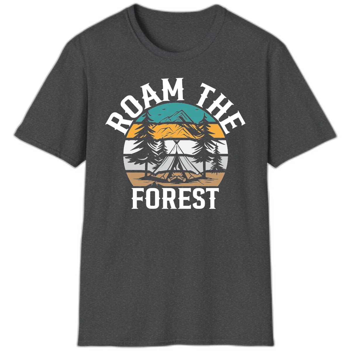 Roam the forest camping badge with tent, campfire, and layered landscape design in teal, gold, and white in Dark Heather