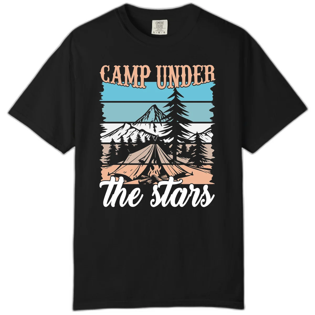 Layered camping scene illustration featuring campfire, tent, mountains, trees, and stars with 'Camp Under the Stars' text in Black