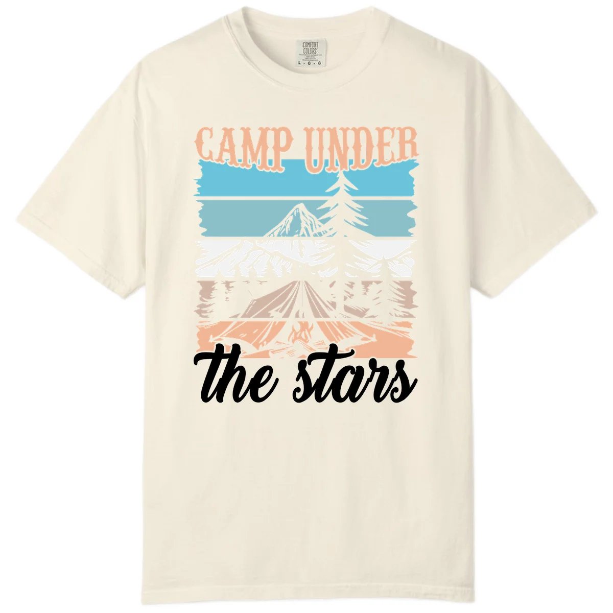 Layered camping scene illustration featuring campfire, tent, mountains, trees, and stars with 'Camp Under the Stars' text in Ivory