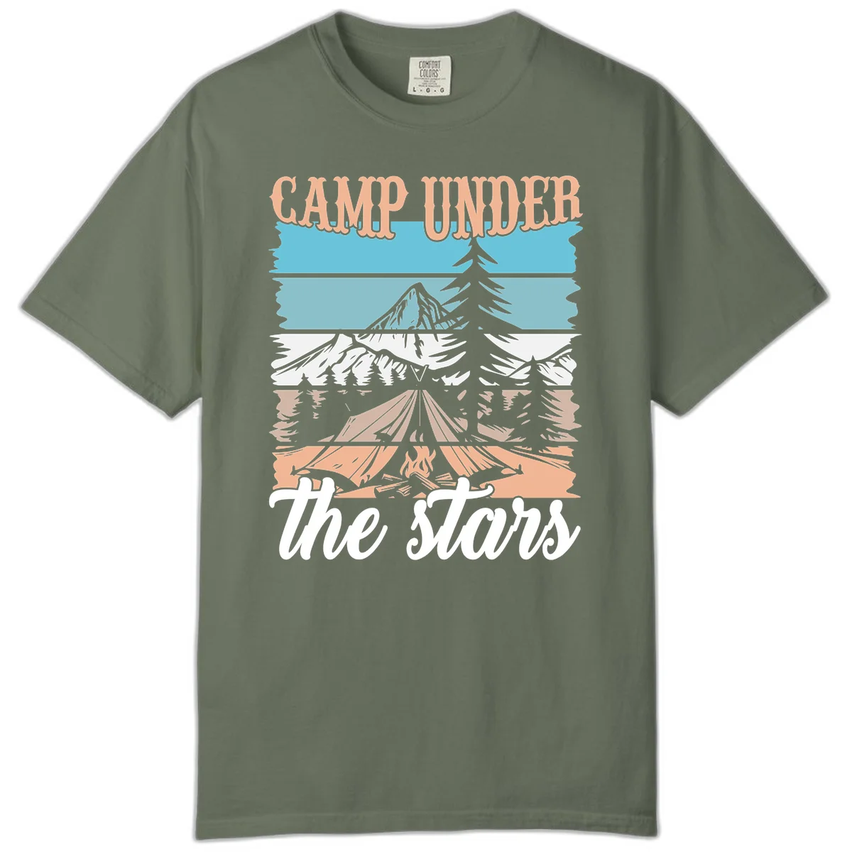 Layered camping scene illustration featuring campfire, tent, mountains, trees, and stars with 'Camp Under the Stars' text in Moss