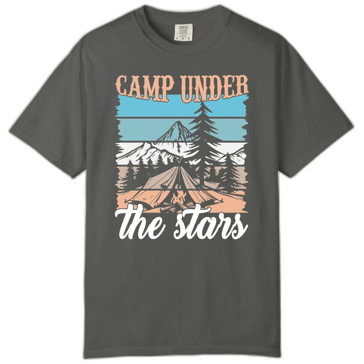 Layered camping scene illustration featuring campfire, tent, mountains, trees, and stars with 'Camp Under the Stars' text in Pepper