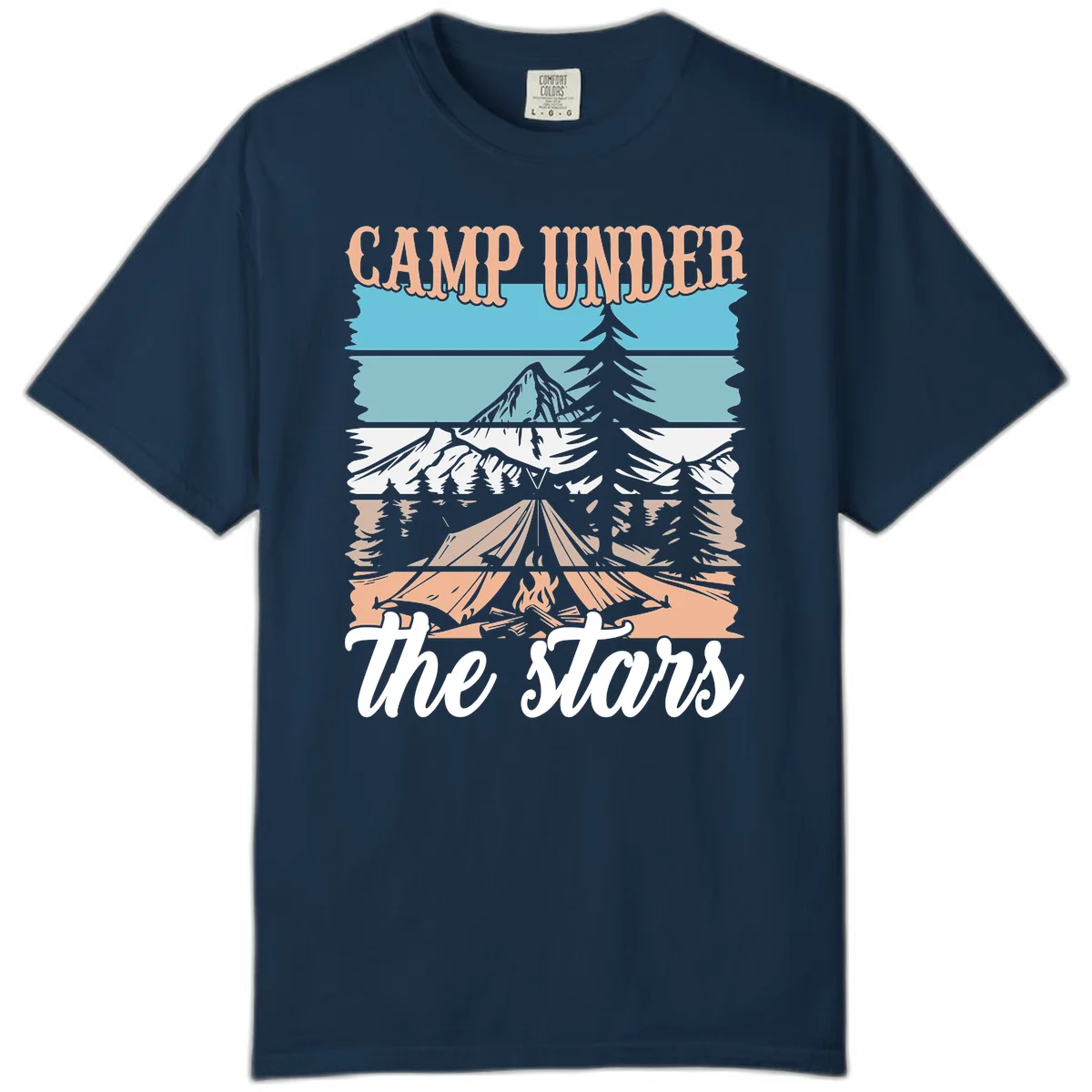 Layered camping scene illustration featuring campfire, tent, mountains, trees, and stars with 'Camp Under the Stars' text in True Navy
