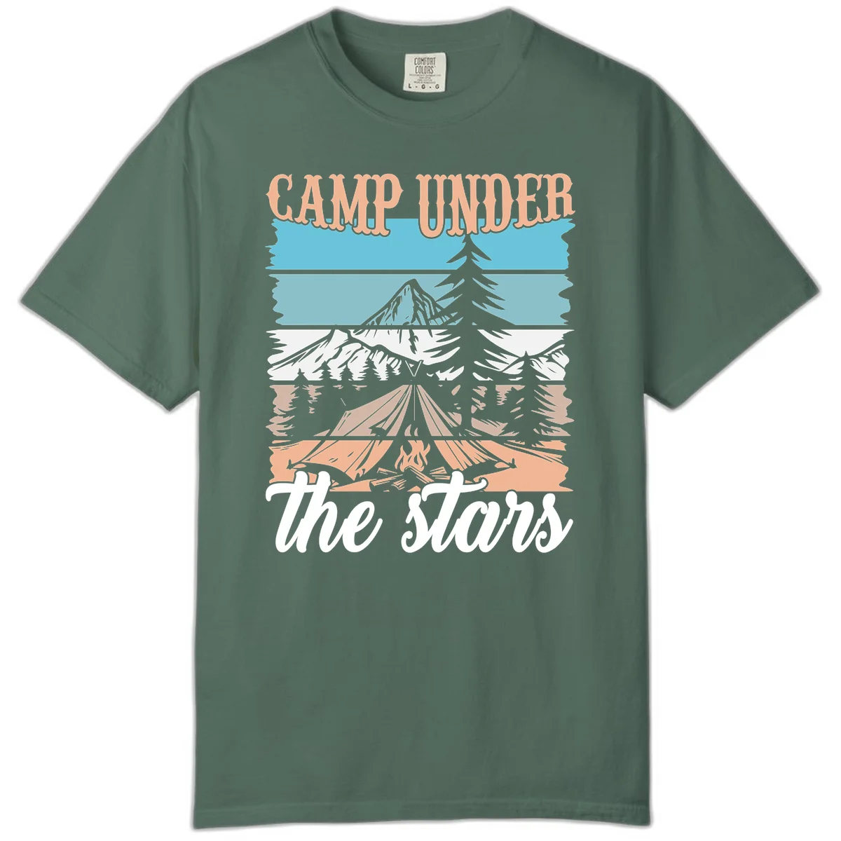 Layered camping scene illustration featuring campfire, tent, mountains, trees, and stars with 'Camp Under the Stars' text in Blue Spruce