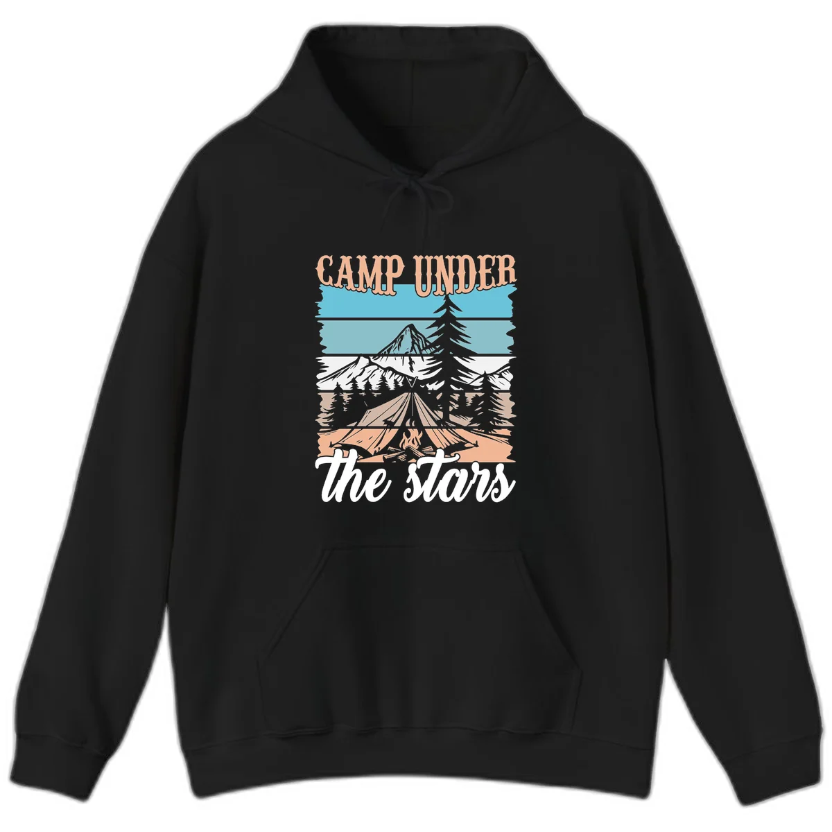 Layered camping scene illustration featuring campfire, tent, mountains, trees, and stars with 'Camp Under the Stars' text in Black