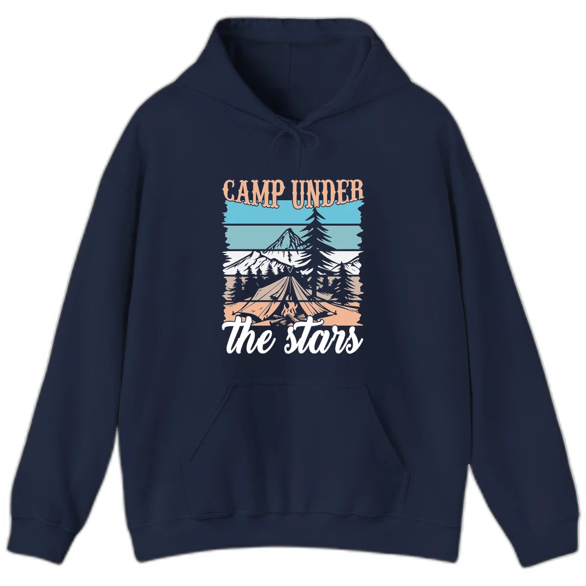 Layered camping scene illustration featuring campfire, tent, mountains, trees, and stars with 'Camp Under the Stars' text in Navy