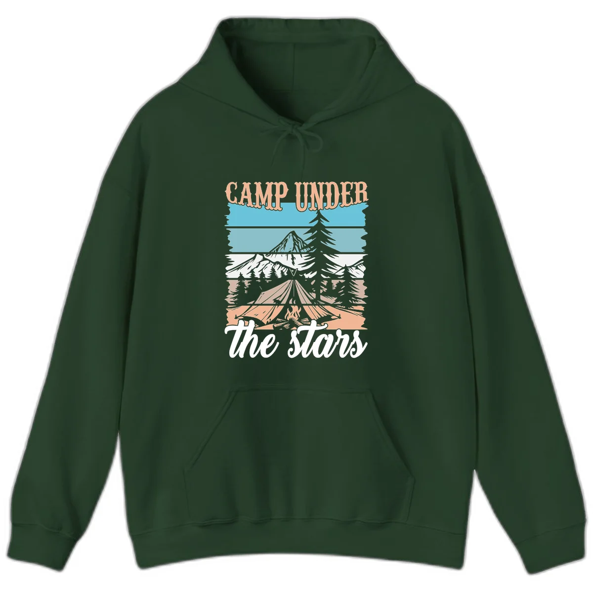 Layered camping scene illustration featuring campfire, tent, mountains, trees, and stars with 'Camp Under the Stars' text in Forest Green