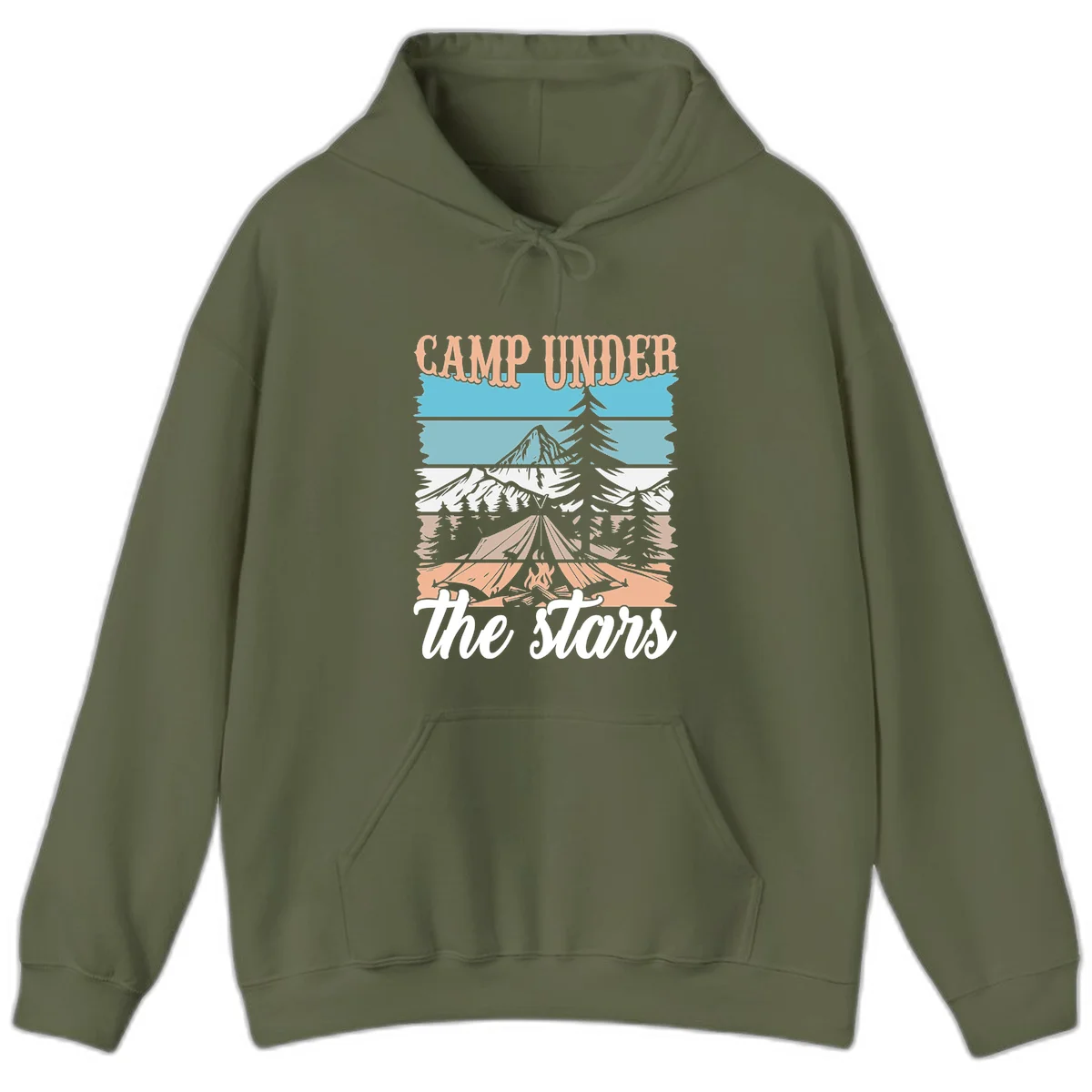Layered camping scene illustration featuring campfire, tent, mountains, trees, and stars with 'Camp Under the Stars' text in Military Green