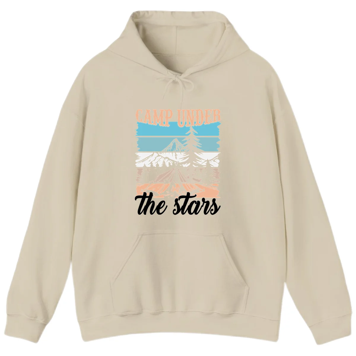 Layered camping scene illustration featuring campfire, tent, mountains, trees, and stars with 'Camp Under the Stars' text in Sand