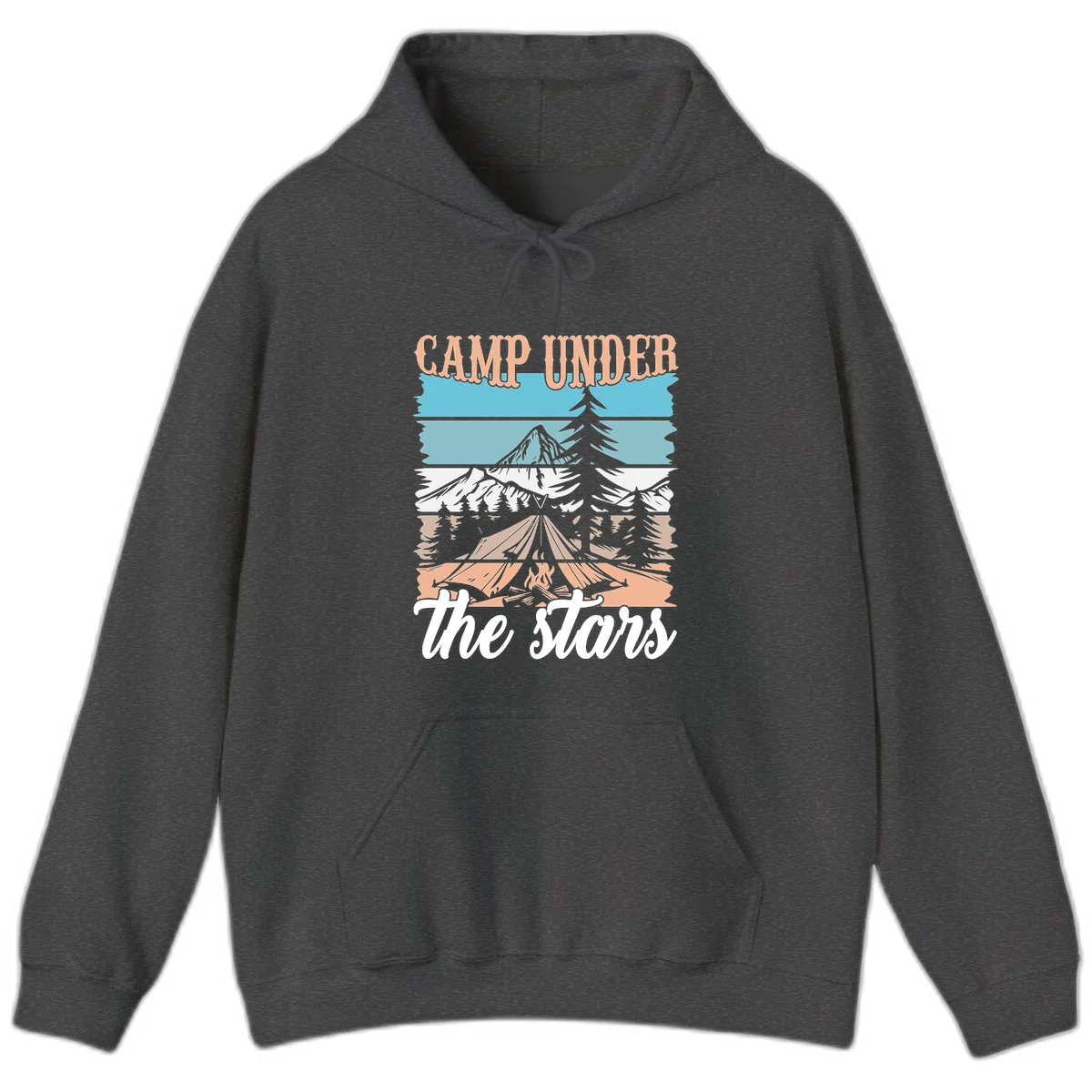 Layered camping scene illustration featuring campfire, tent, mountains, trees, and stars with 'Camp Under the Stars' text in Dark Heather