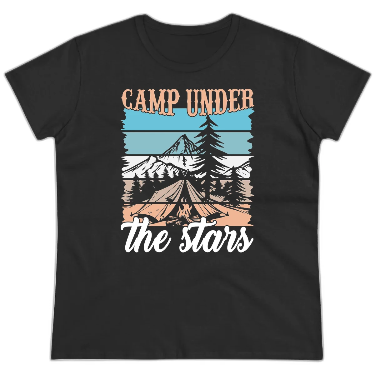 Layered camping scene illustration featuring campfire, tent, mountains, trees, and stars with 'Camp Under the Stars' text in Black