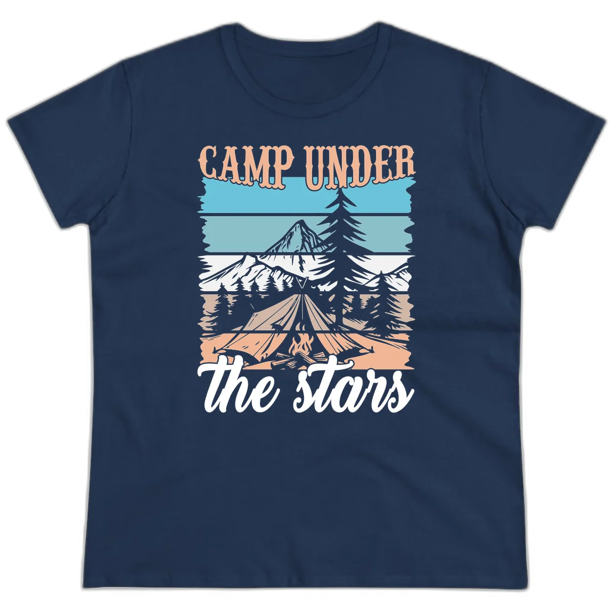 Layered camping scene illustration featuring campfire, tent, mountains, trees, and stars with 'Camp Under the Stars' text in Navy