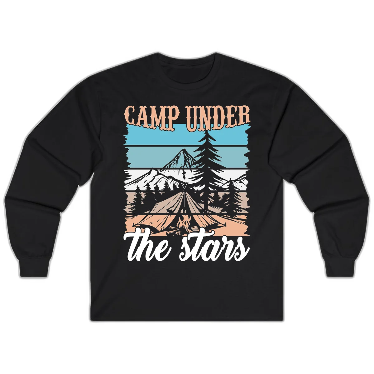 Layered camping scene illustration featuring campfire, tent, mountains, trees, and stars with 'Camp Under the Stars' text in Black