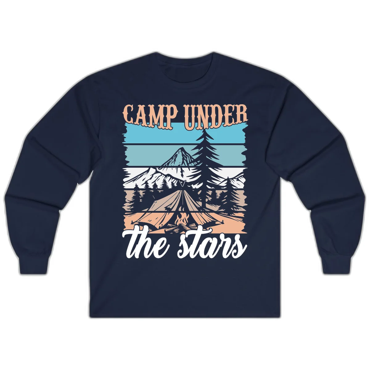 Layered camping scene illustration featuring campfire, tent, mountains, trees, and stars with 'Camp Under the Stars' text in Navy