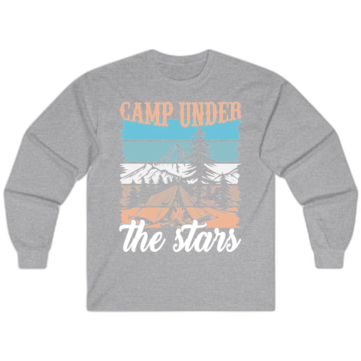 Layered camping scene illustration featuring campfire, tent, mountains, trees, and stars with 'Camp Under the Stars' text in Sport Grey