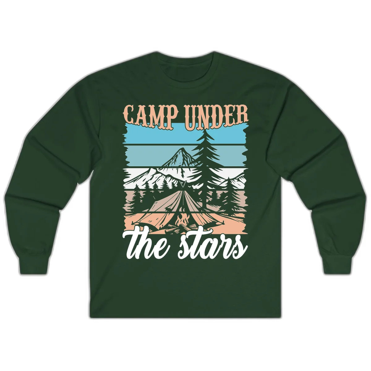 Layered camping scene illustration featuring campfire, tent, mountains, trees, and stars with 'Camp Under the Stars' text in Forest Green
