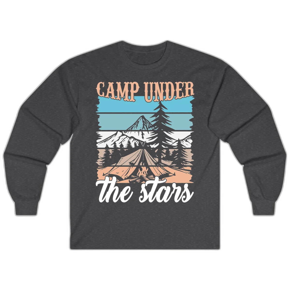 Layered camping scene illustration featuring campfire, tent, mountains, trees, and stars with 'Camp Under the Stars' text in Dark Heather