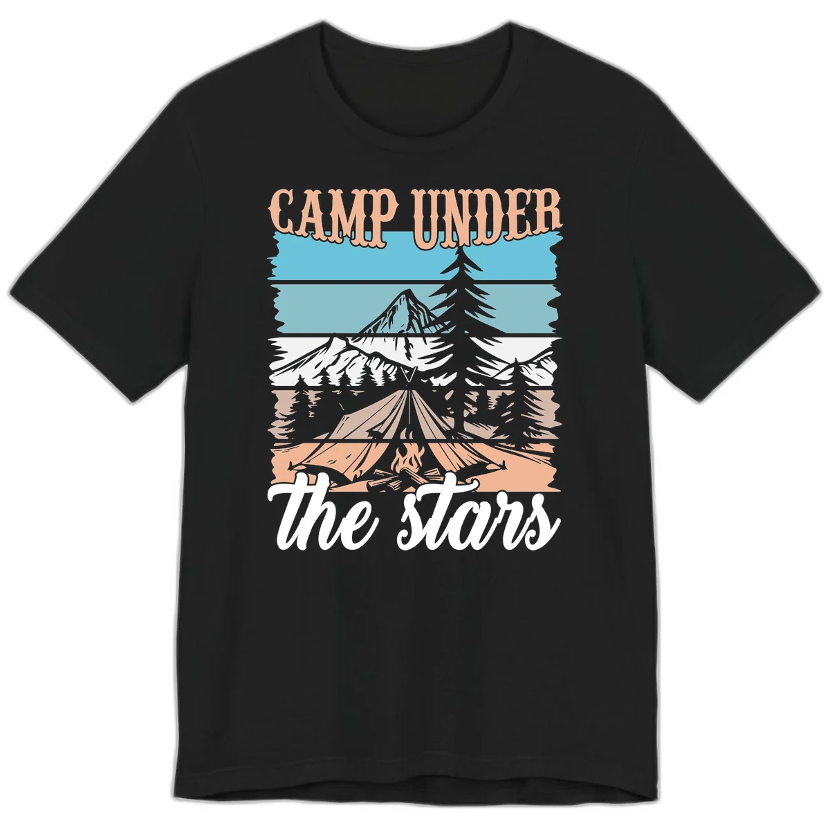 Layered camping scene illustration featuring campfire, tent, mountains, trees, and stars with 'Camp Under the Stars' text in Black