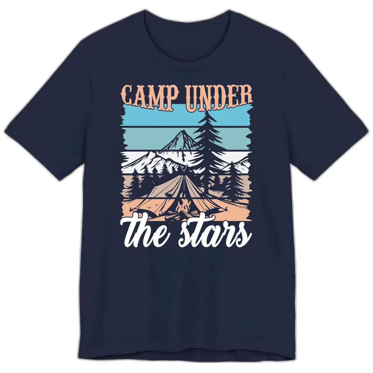 Layered camping scene illustration featuring campfire, tent, mountains, trees, and stars with 'Camp Under the Stars' text in Navy