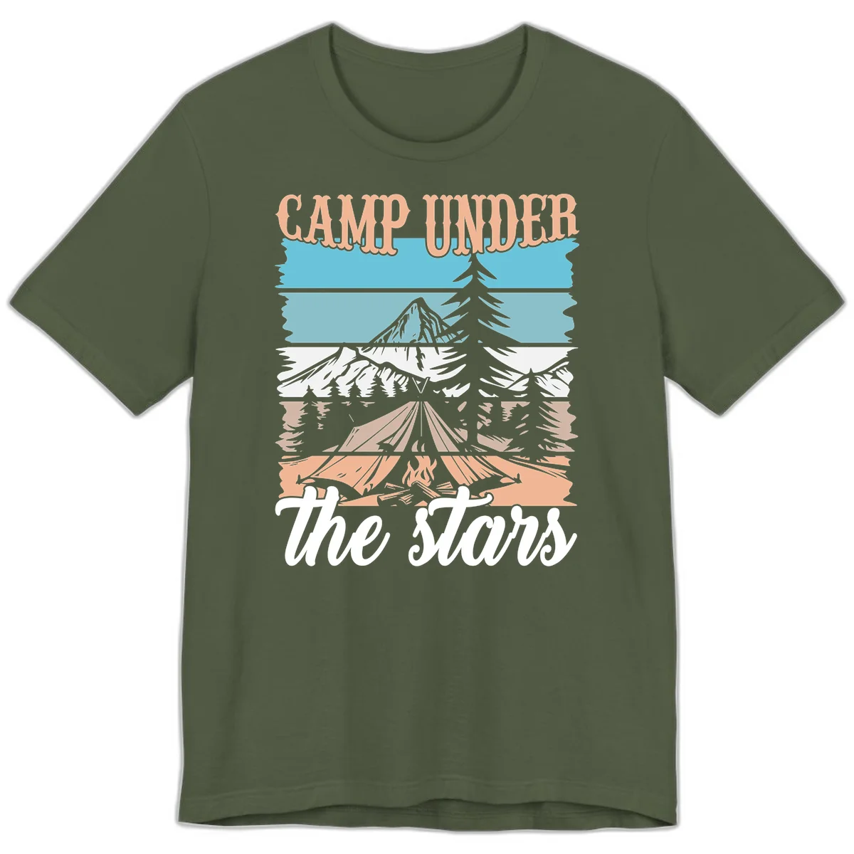 Layered camping scene illustration featuring campfire, tent, mountains, trees, and stars with 'Camp Under the Stars' text in Military Green