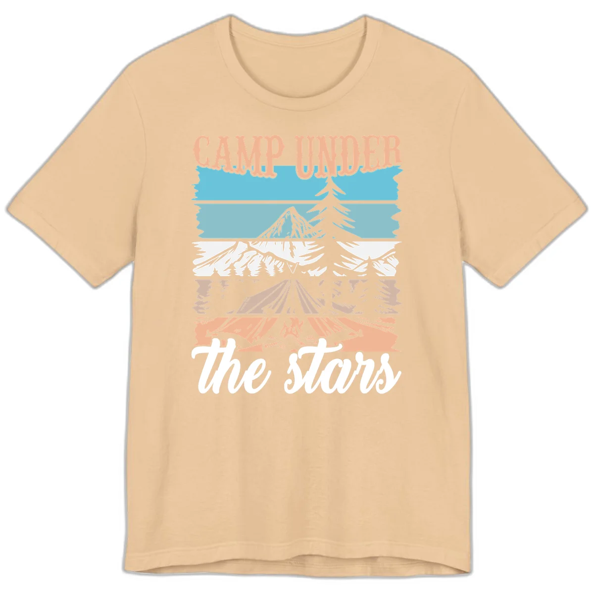 Layered camping scene illustration featuring campfire, tent, mountains, trees, and stars with 'Camp Under the Stars' text in Sand Dune
