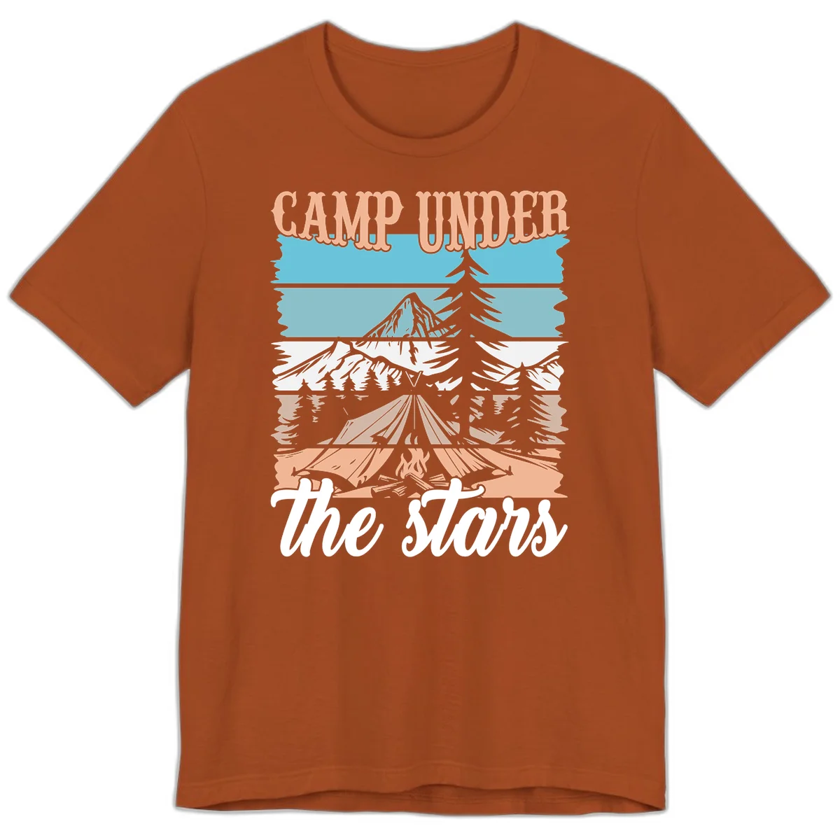 Layered camping scene illustration featuring campfire, tent, mountains, trees, and stars with 'Camp Under the Stars' text in Autumn