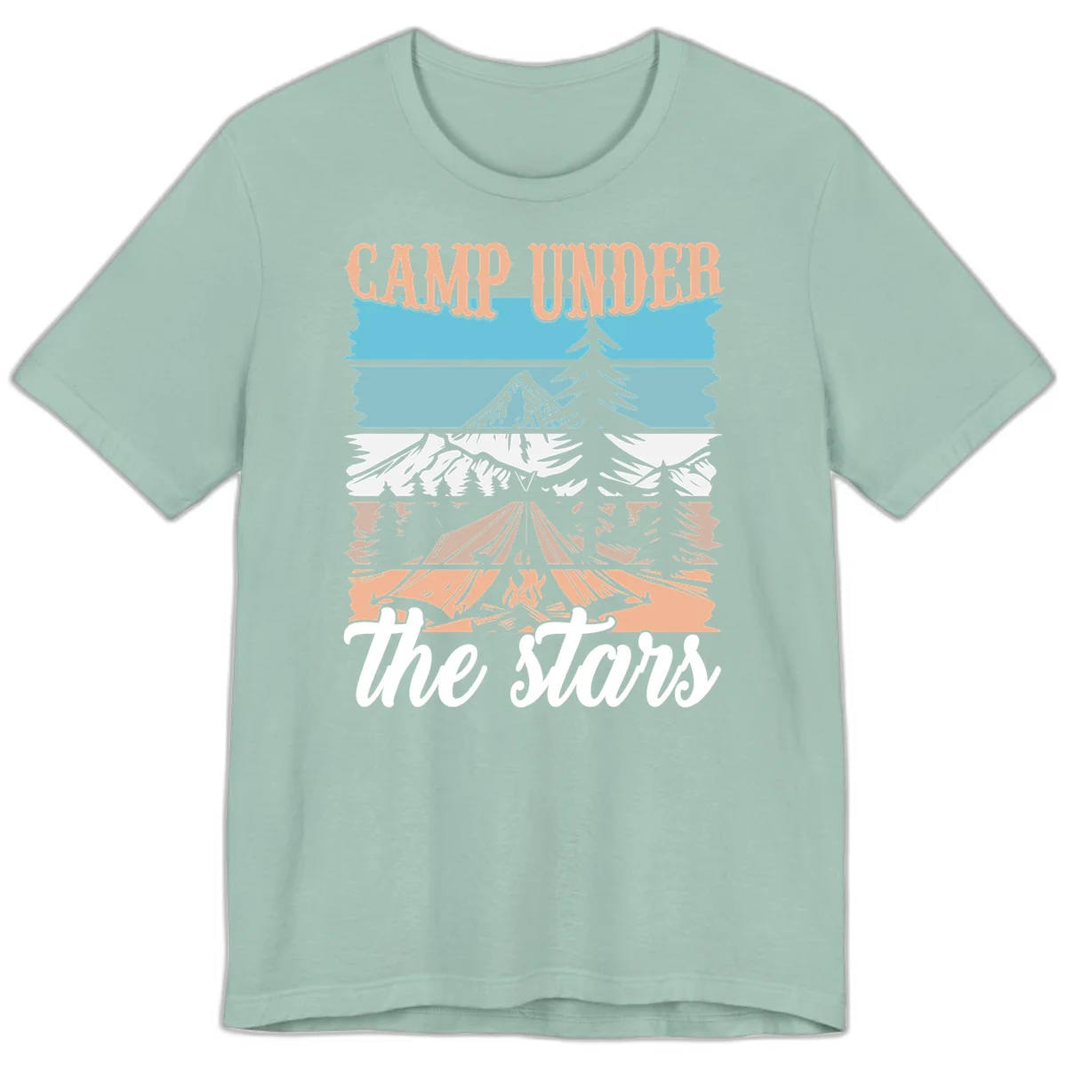 Layered camping scene illustration featuring campfire, tent, mountains, trees, and stars with 'Camp Under the Stars' text in Dusty Blue