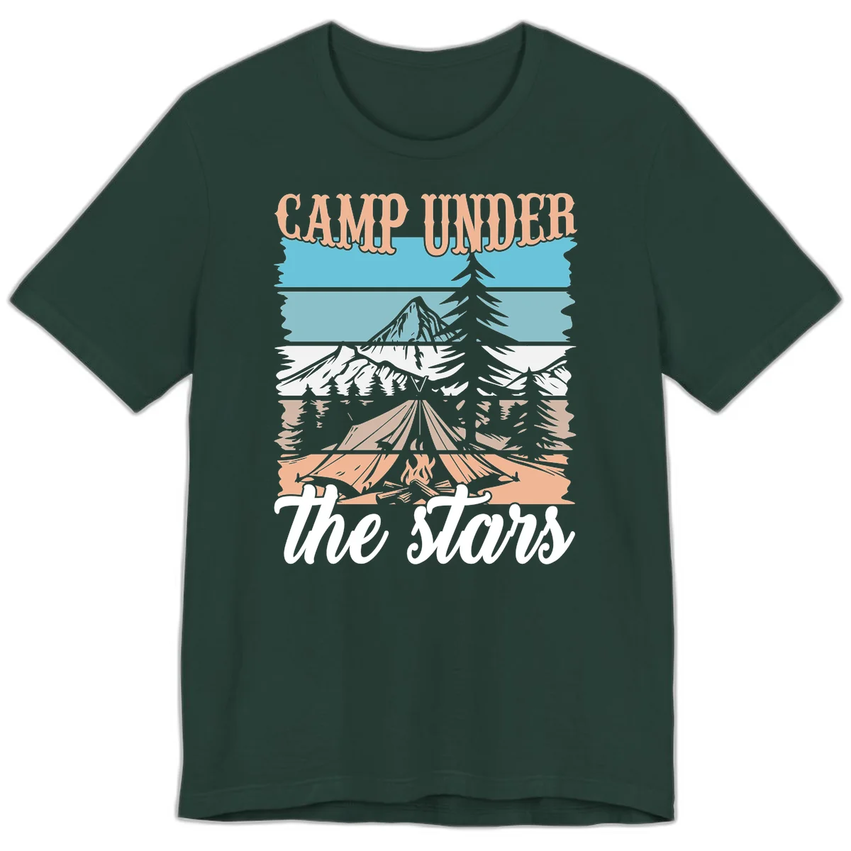 Layered camping scene illustration featuring campfire, tent, mountains, trees, and stars with 'Camp Under the Stars' text in Forest