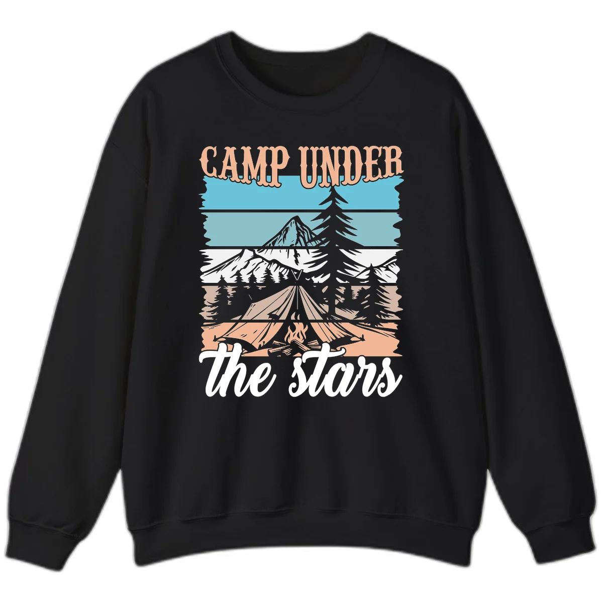 Layered camping scene illustration featuring campfire, tent, mountains, trees, and stars with 'Camp Under the Stars' text in Black