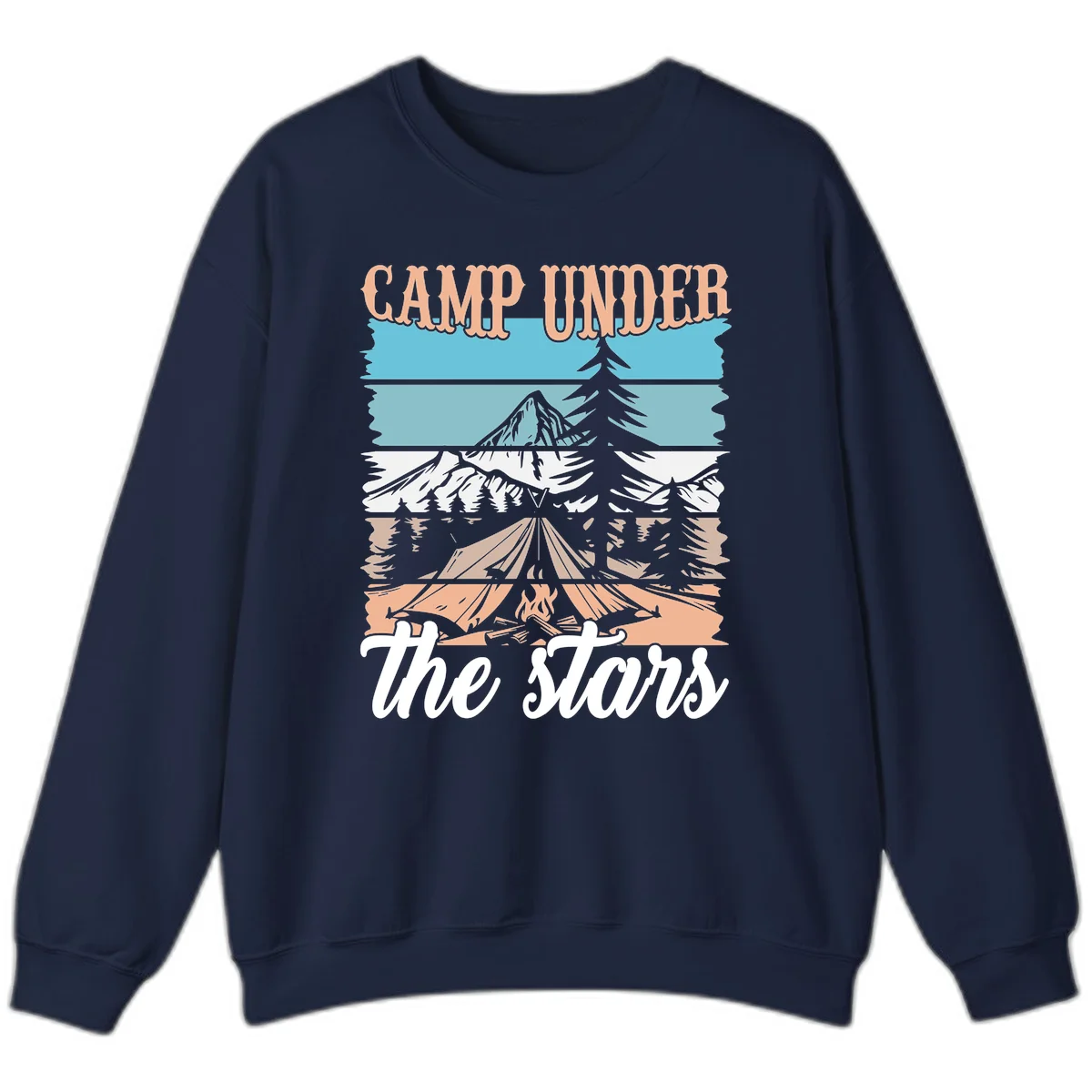 Layered camping scene illustration featuring campfire, tent, mountains, trees, and stars with 'Camp Under the Stars' text in Navy