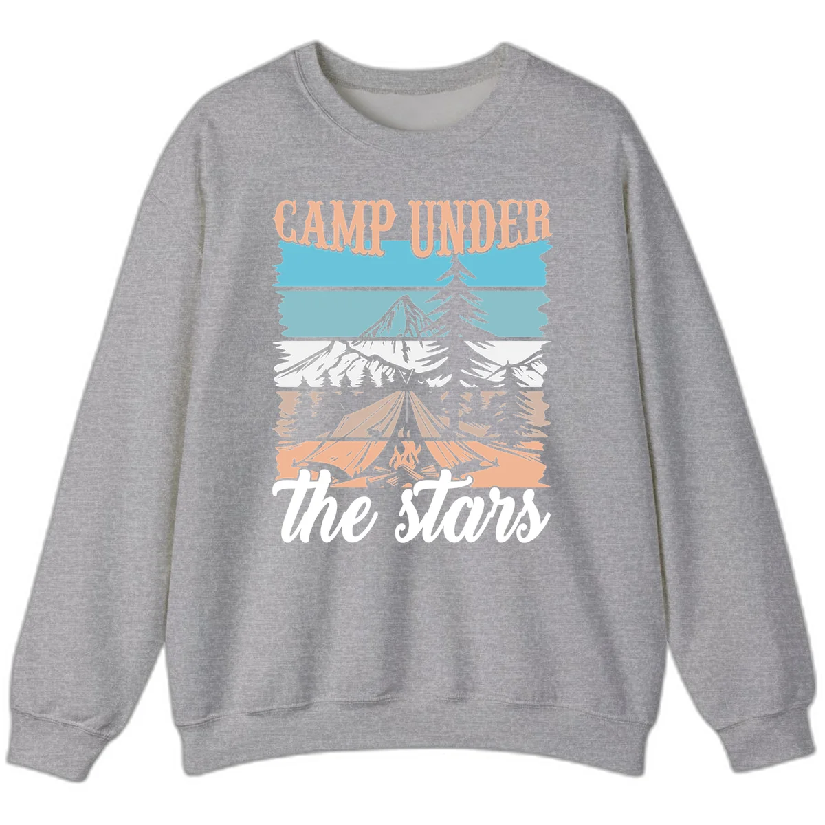 Layered camping scene illustration featuring campfire, tent, mountains, trees, and stars with 'Camp Under the Stars' text in Sport Grey