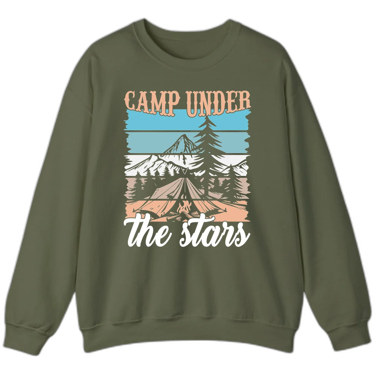 Layered camping scene illustration featuring campfire, tent, mountains, trees, and stars with 'Camp Under the Stars' text in Military Green