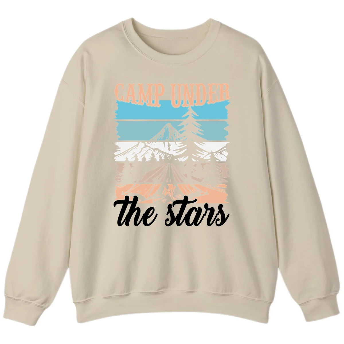 Layered camping scene illustration featuring campfire, tent, mountains, trees, and stars with 'Camp Under the Stars' text in Sand