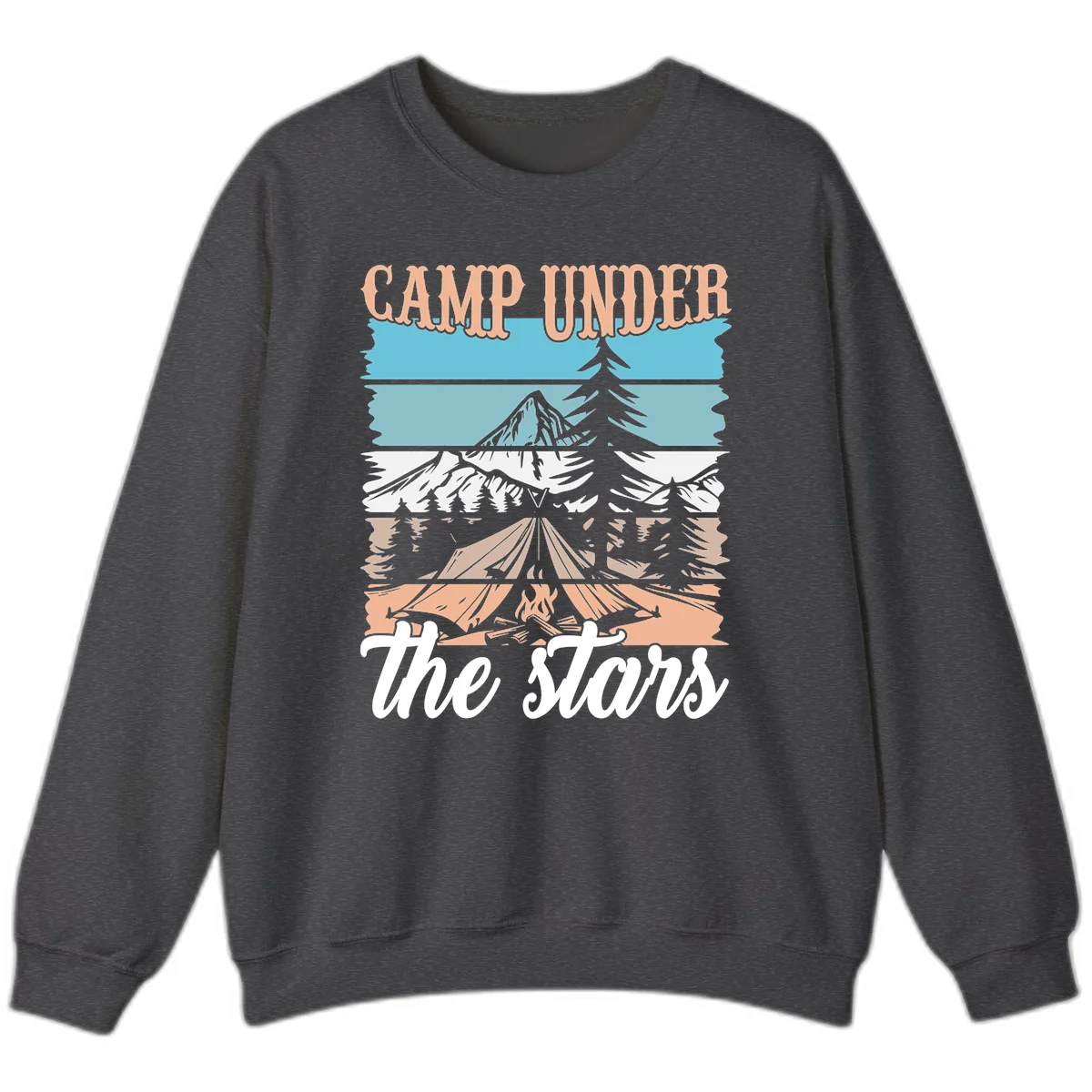 Layered camping scene illustration featuring campfire, tent, mountains, trees, and stars with 'Camp Under the Stars' text in Dark Heather