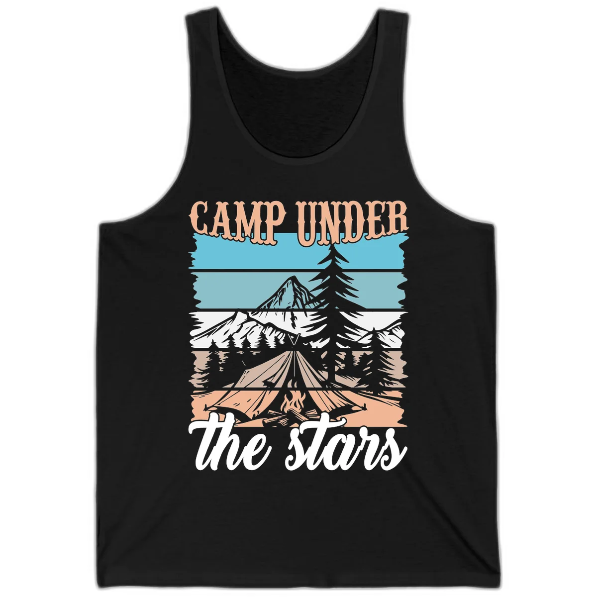 Layered camping scene illustration featuring campfire, tent, mountains, trees, and stars with 'Camp Under the Stars' text in Black