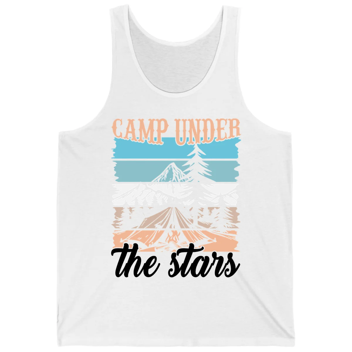 Layered camping scene illustration featuring campfire, tent, mountains, trees, and stars with 'Camp Under the Stars' text in White