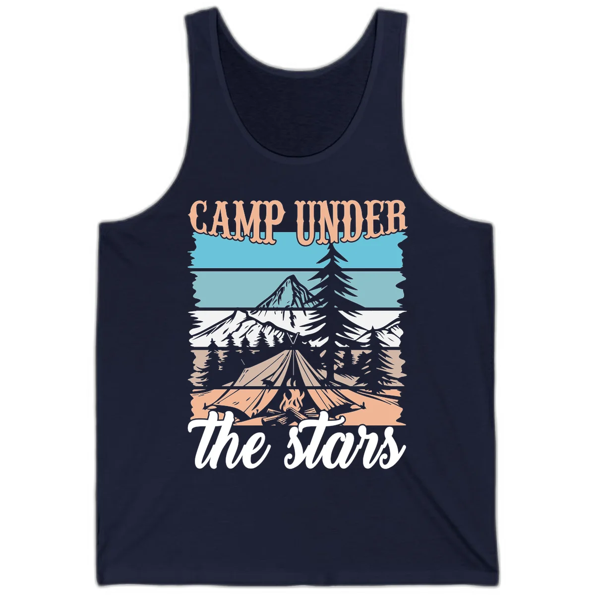 Layered camping scene illustration featuring campfire, tent, mountains, trees, and stars with 'Camp Under the Stars' text in Navy