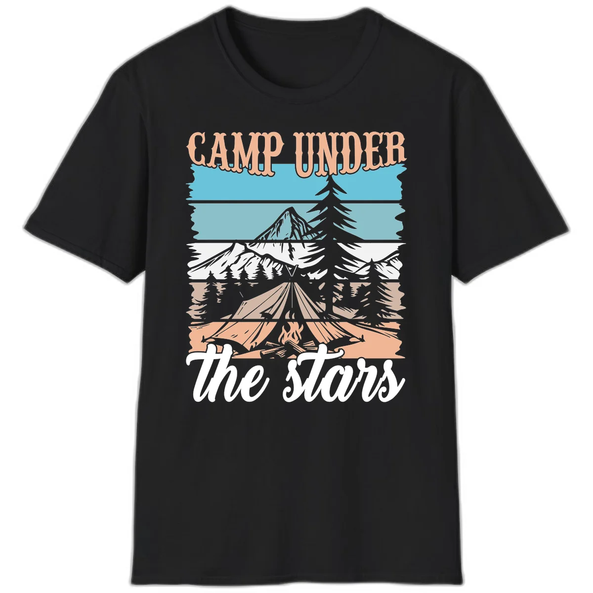 Layered camping scene illustration featuring campfire, tent, mountains, trees, and stars with 'Camp Under the Stars' text in Black