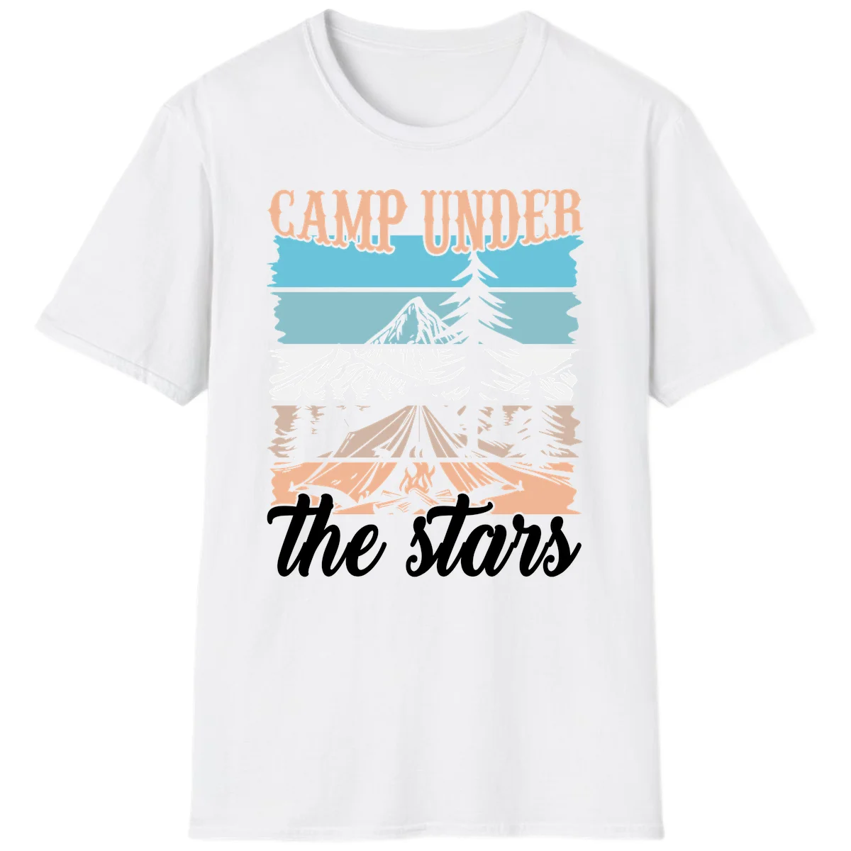 Layered camping scene illustration featuring campfire, tent, mountains, trees, and stars with 'Camp Under the Stars' text in White