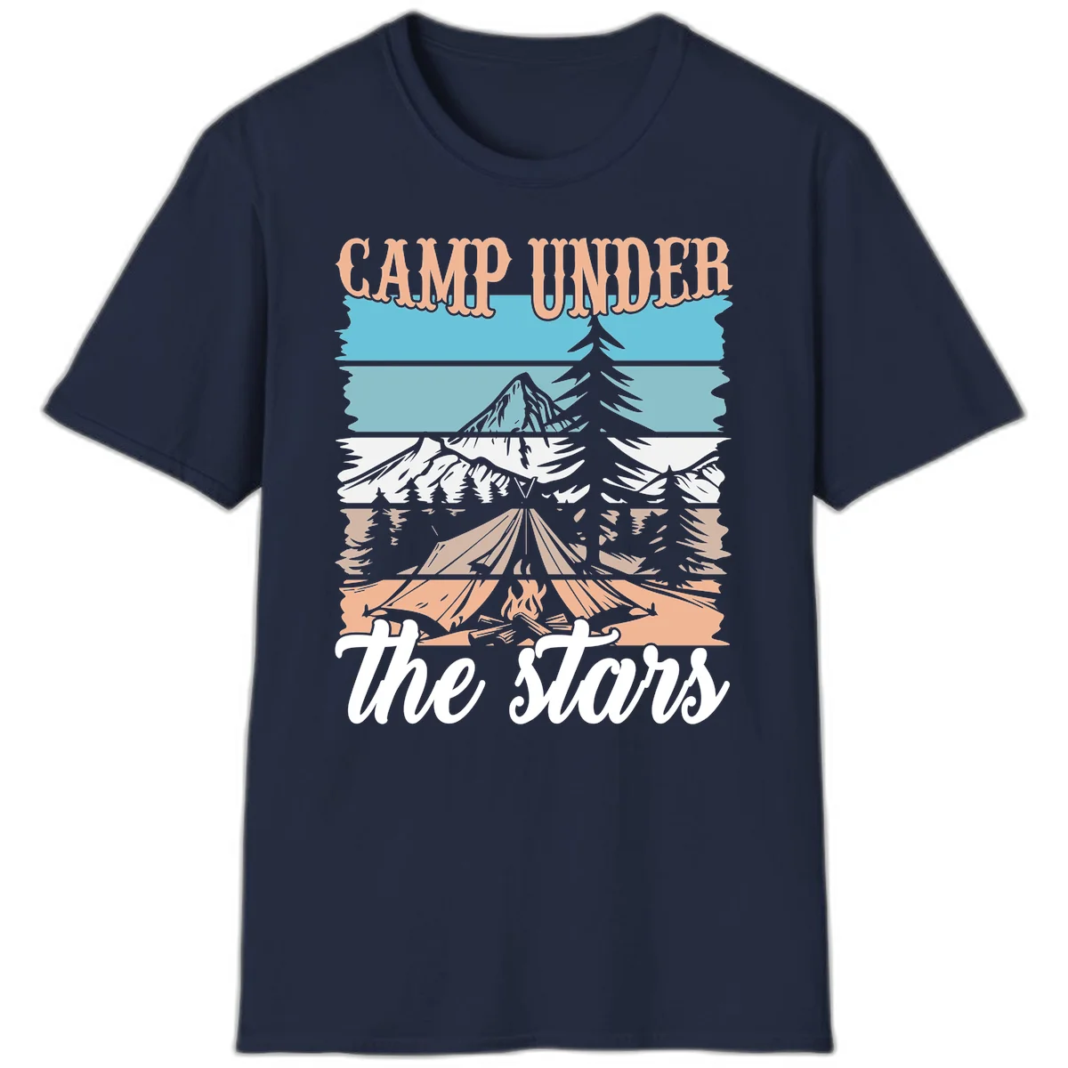 Layered camping scene illustration featuring campfire, tent, mountains, trees, and stars with 'Camp Under the Stars' text in Navy
