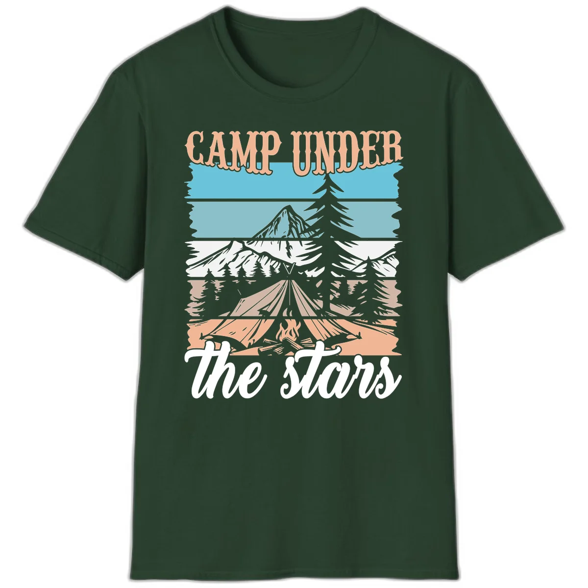 Layered camping scene illustration featuring campfire, tent, mountains, trees, and stars with 'Camp Under the Stars' text in Forest Green