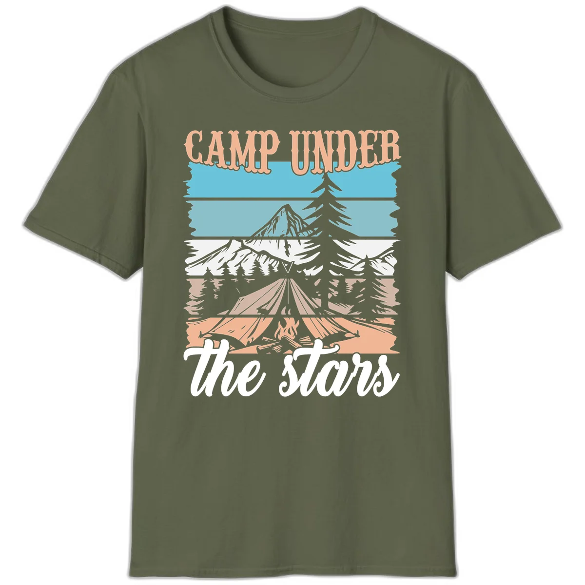 Layered camping scene illustration featuring campfire, tent, mountains, trees, and stars with 'Camp Under the Stars' text in Military Green