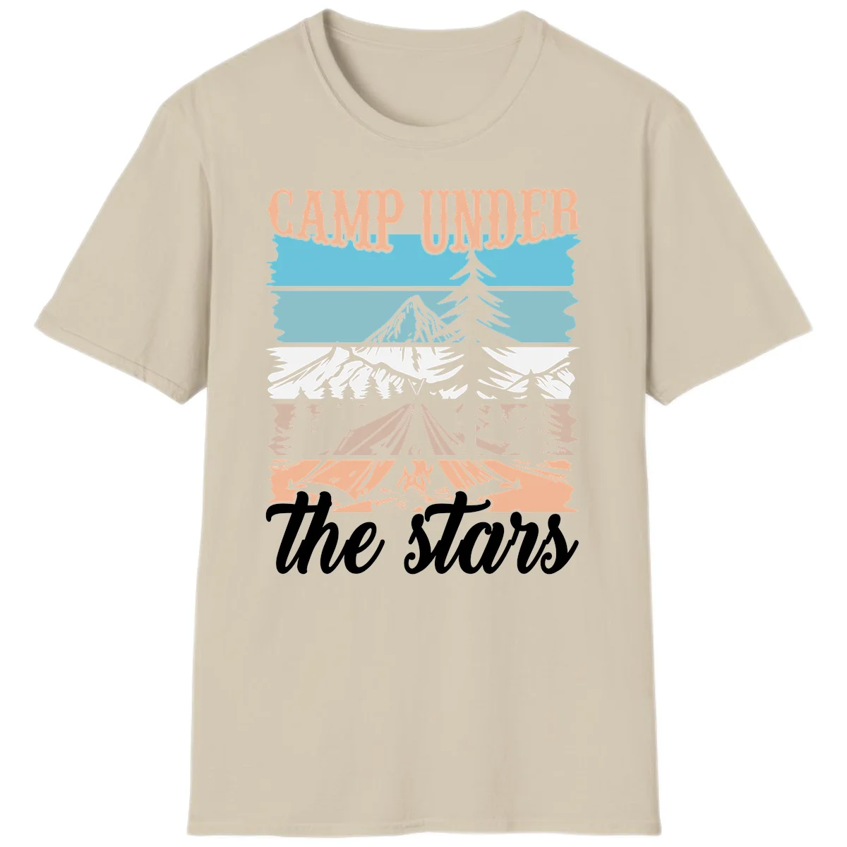 Layered camping scene illustration featuring campfire, tent, mountains, trees, and stars with 'Camp Under the Stars' text in Sand