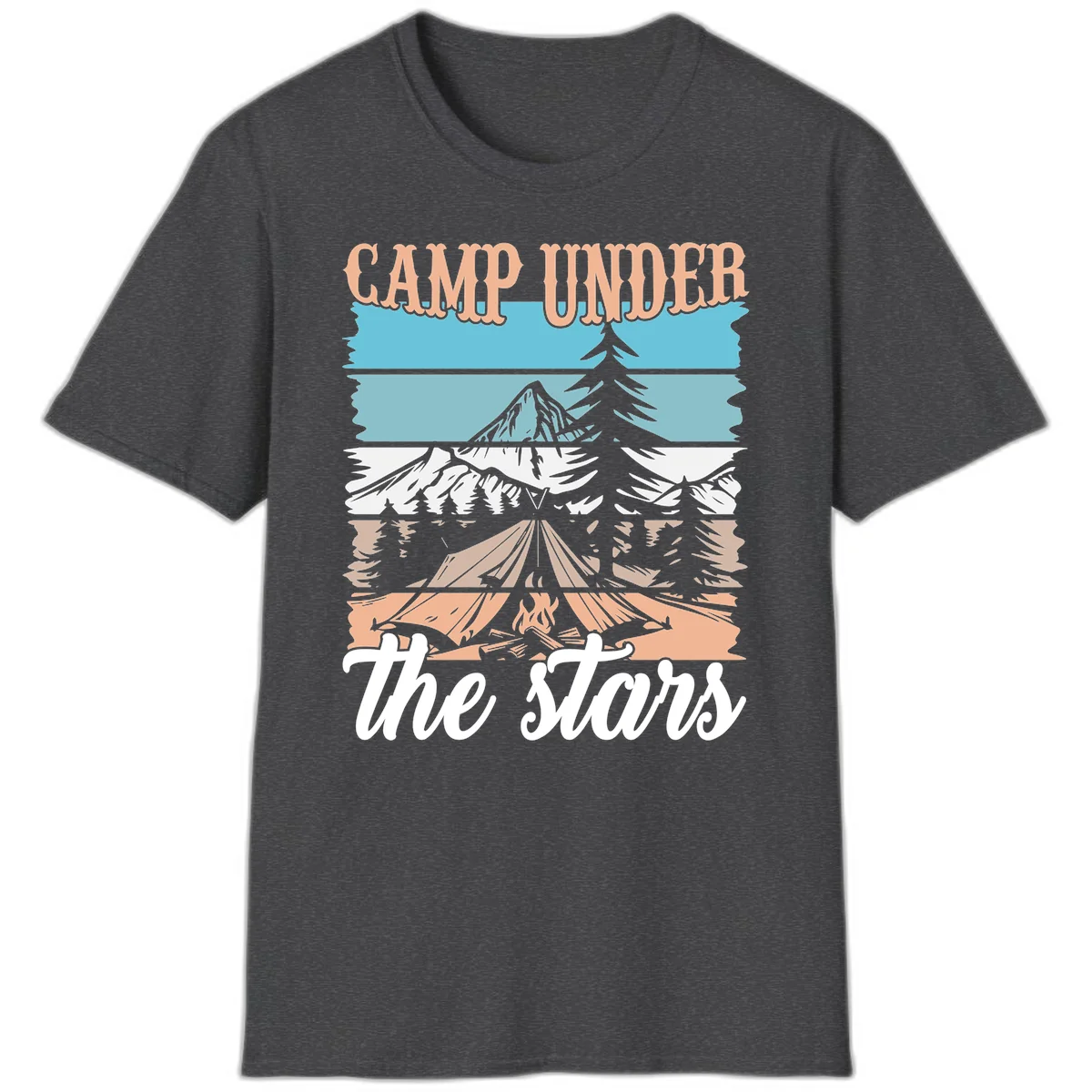 Layered camping scene illustration featuring campfire, tent, mountains, trees, and stars with 'Camp Under the Stars' text in Dark Heather