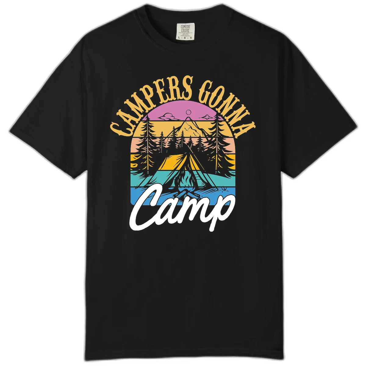 Retro sunset-striped camping design with layered trees, tent, and mountains in vintage 70s color palette in Black