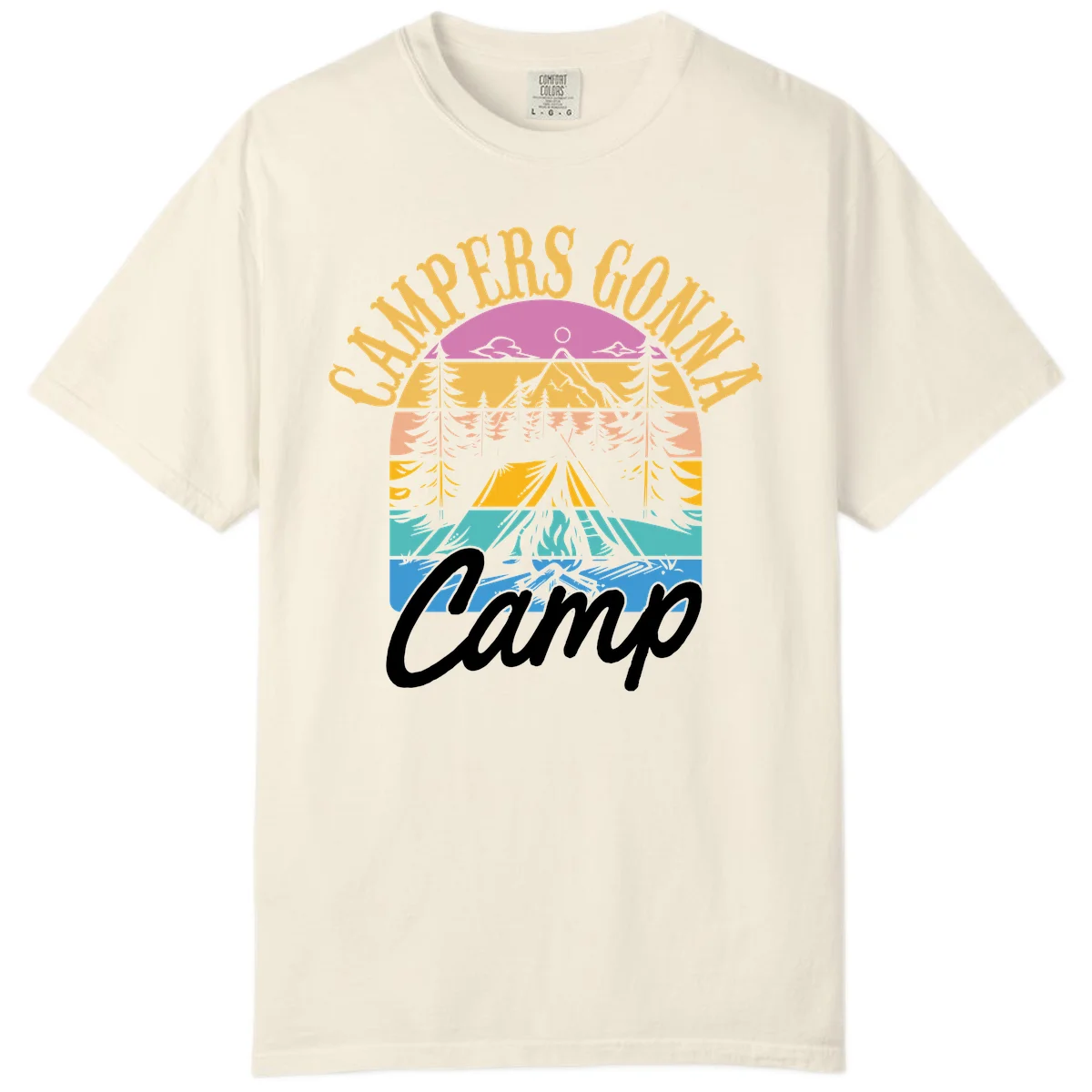 Retro sunset-striped camping design with layered trees, tent, and mountains in vintage 70s color palette in Ivory