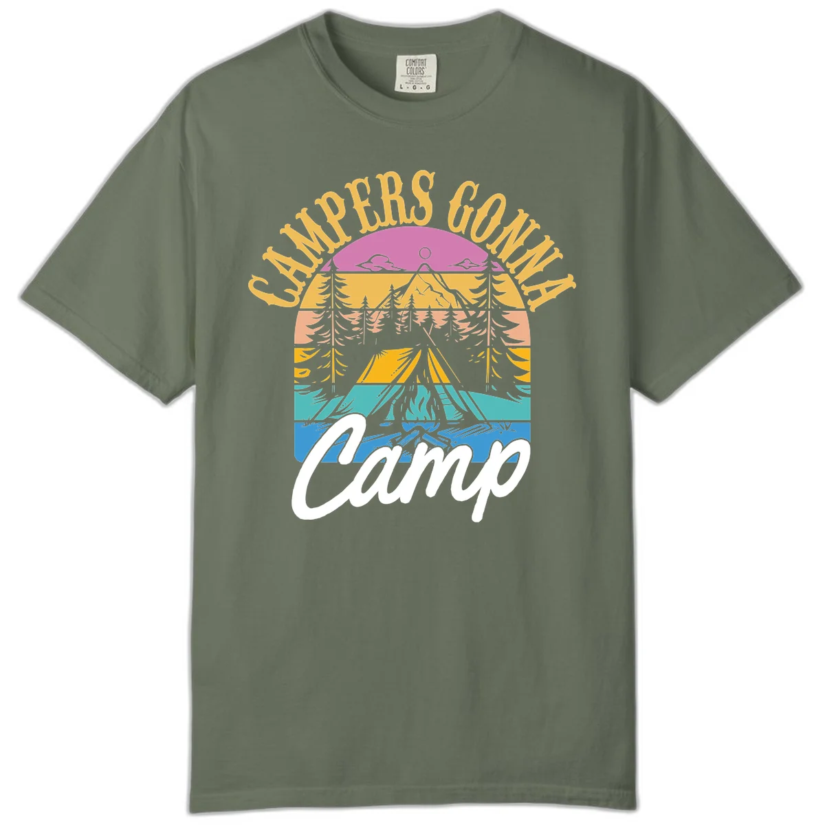 Retro sunset-striped camping design with layered trees, tent, and mountains in vintage 70s color palette in Moss