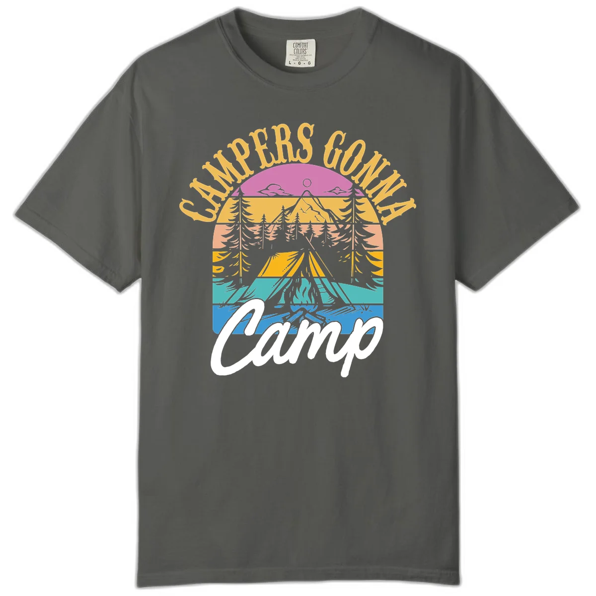Retro sunset-striped camping design with layered trees, tent, and mountains in vintage 70s color palette in Pepper