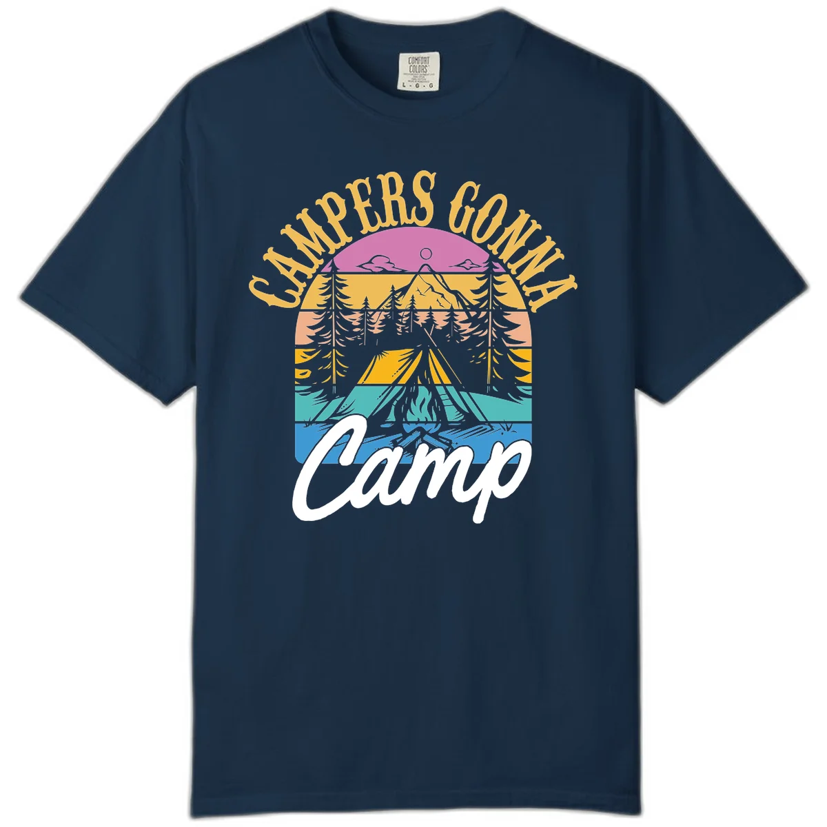 Retro sunset-striped camping design with layered trees, tent, and mountains in vintage 70s color palette in True Navy