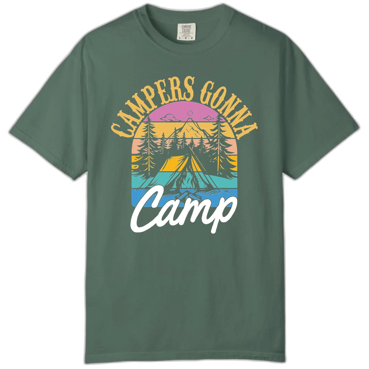 Retro sunset-striped camping design with layered trees, tent, and mountains in vintage 70s color palette in Blue Spruce