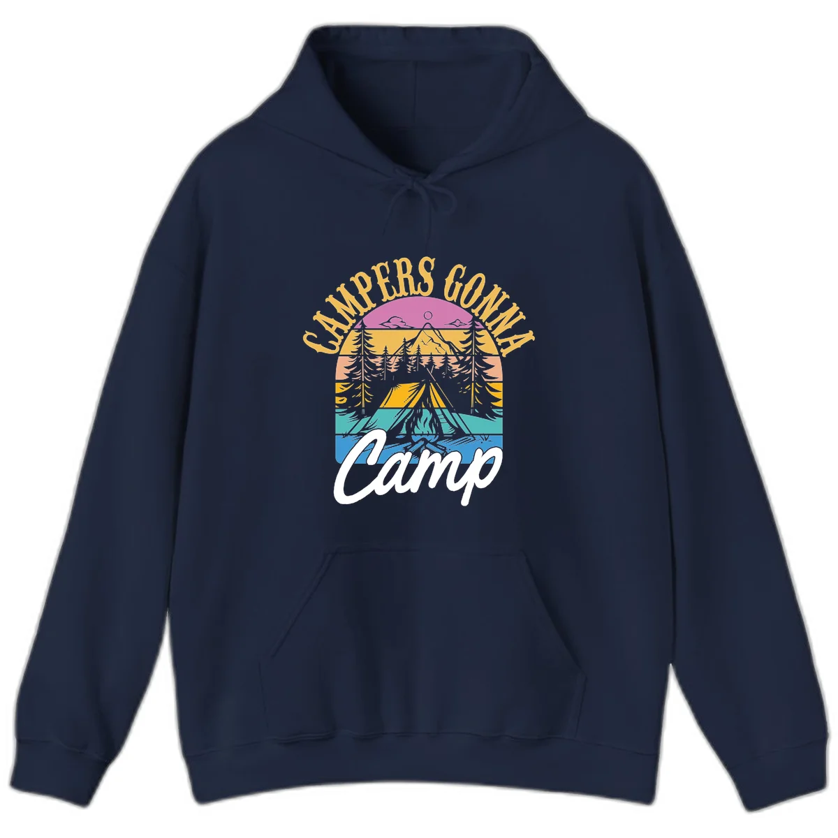 Retro sunset-striped camping design with layered trees, tent, and mountains in vintage 70s color palette in Navy
